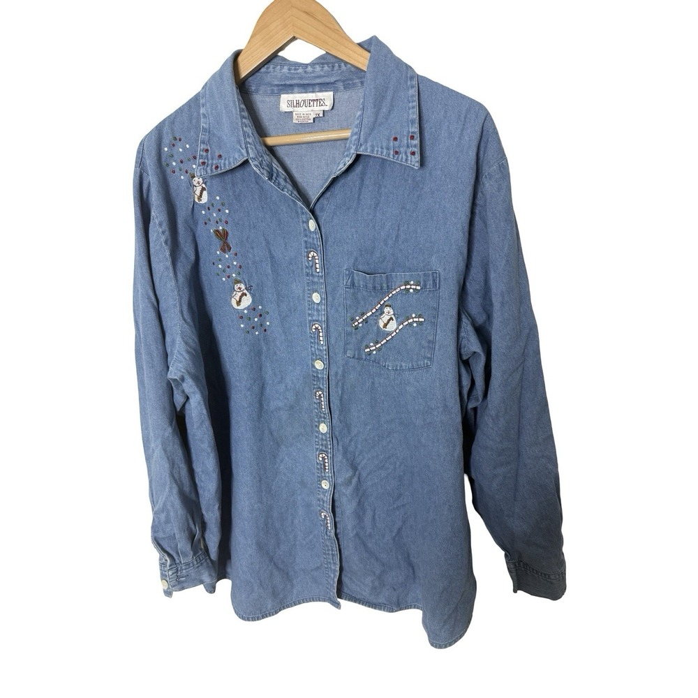 silhouttes christmas denim shirt button front shirt embrodiered snowman 2X Plus